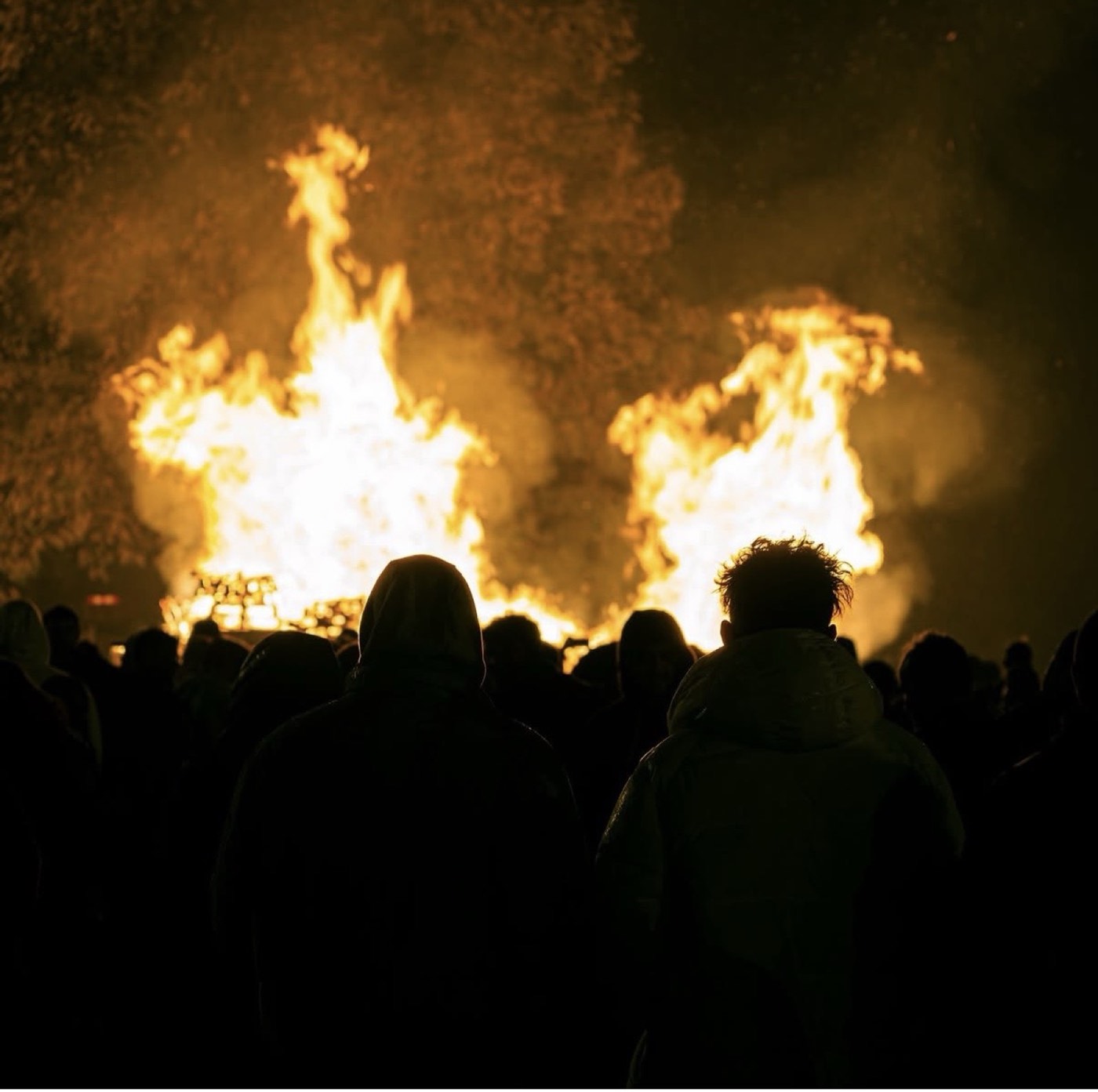 The crowd silhouetted against the blazing bonfire at Abbey Park, Leicester.
