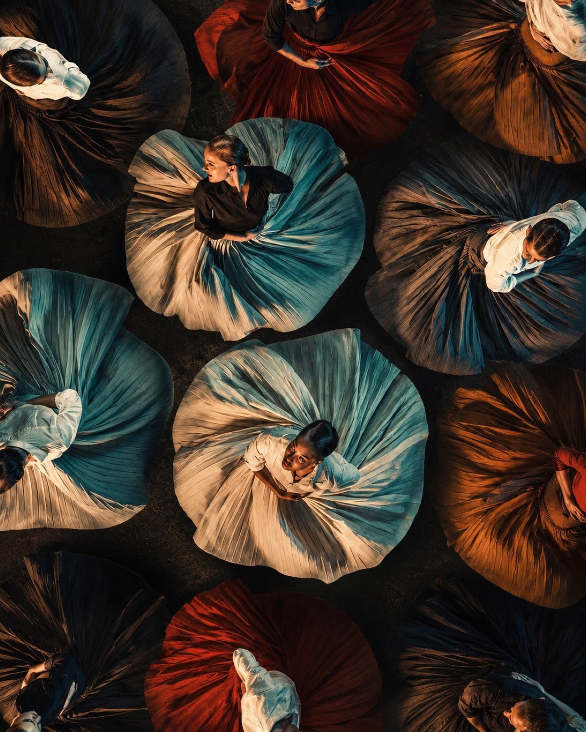 Aerial view of folk dancers in vivid pleated skirts fanned out in circles, seen from above.
