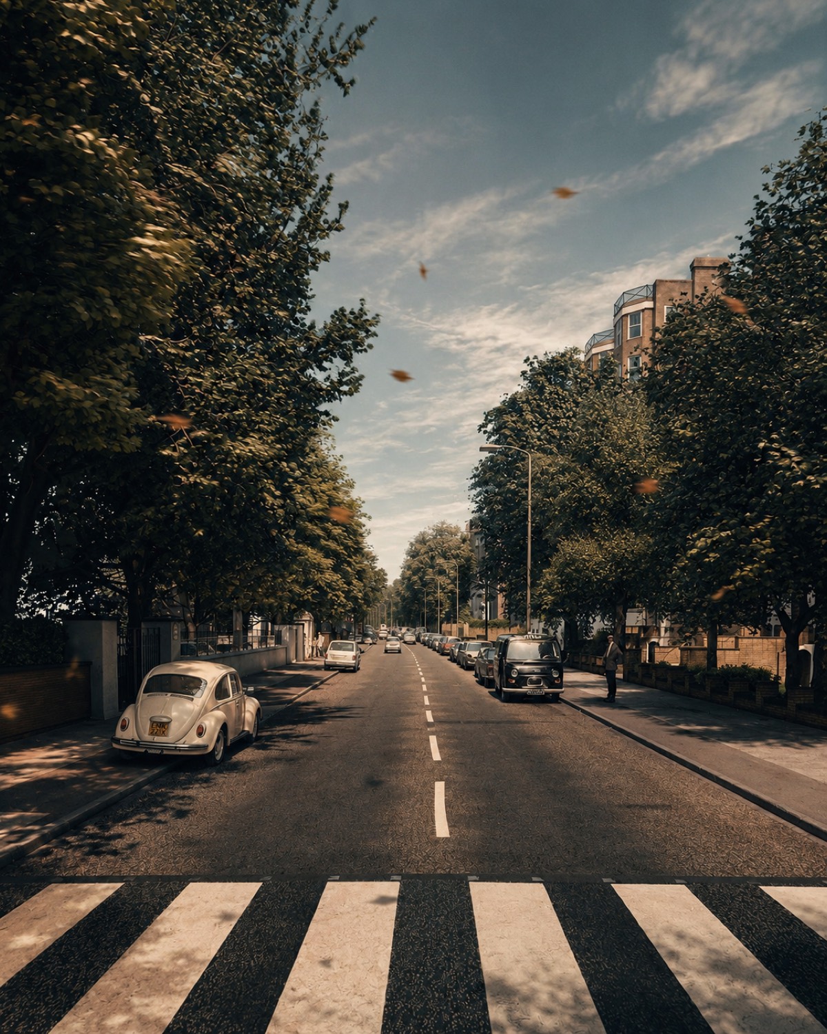 A tree-lined English street with a vintage car parked by a zebra crossing, leaves drifting in the light.