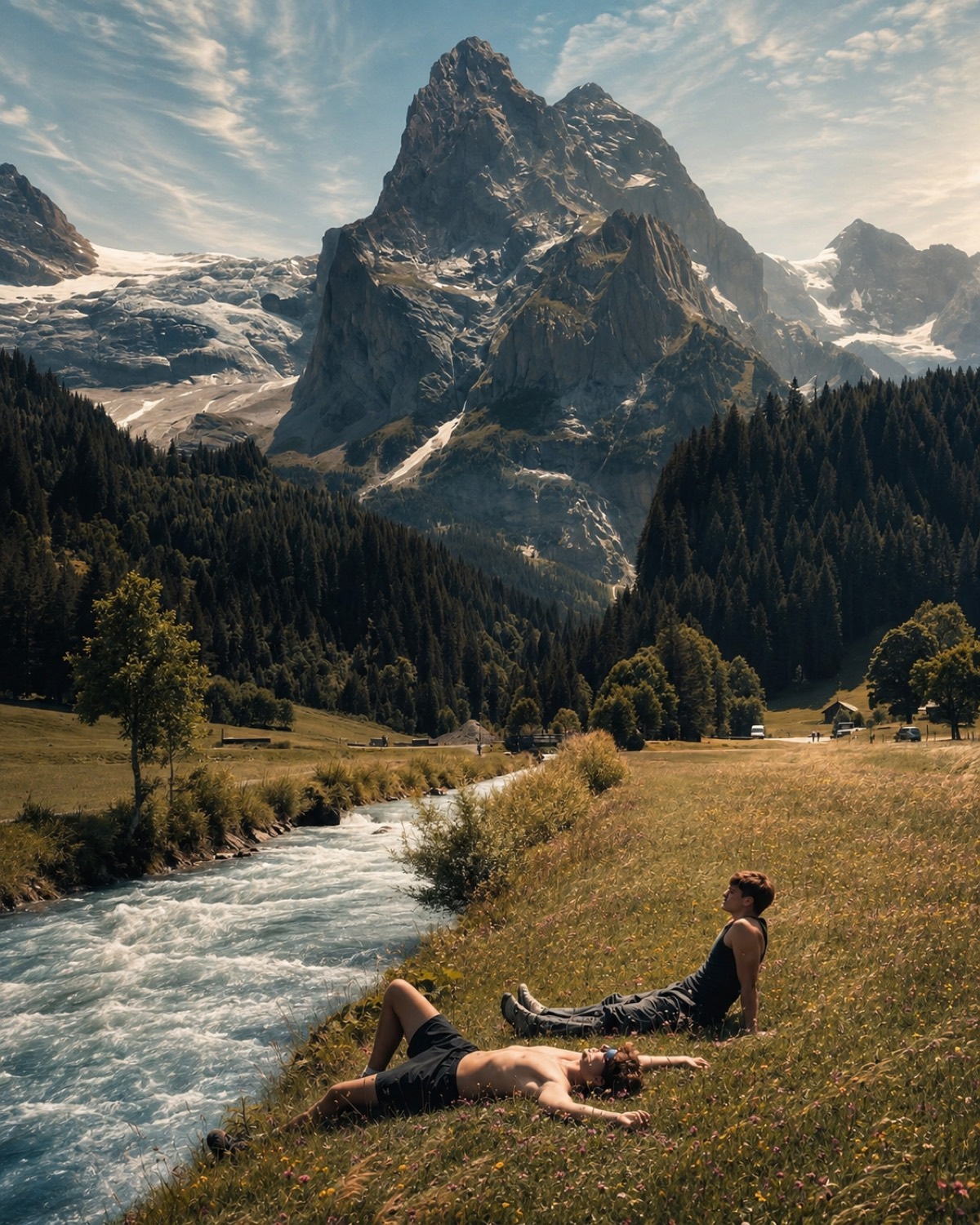 A dramatic Alpine peak above a pine forest, a glacial river running through a wildflower meadow.