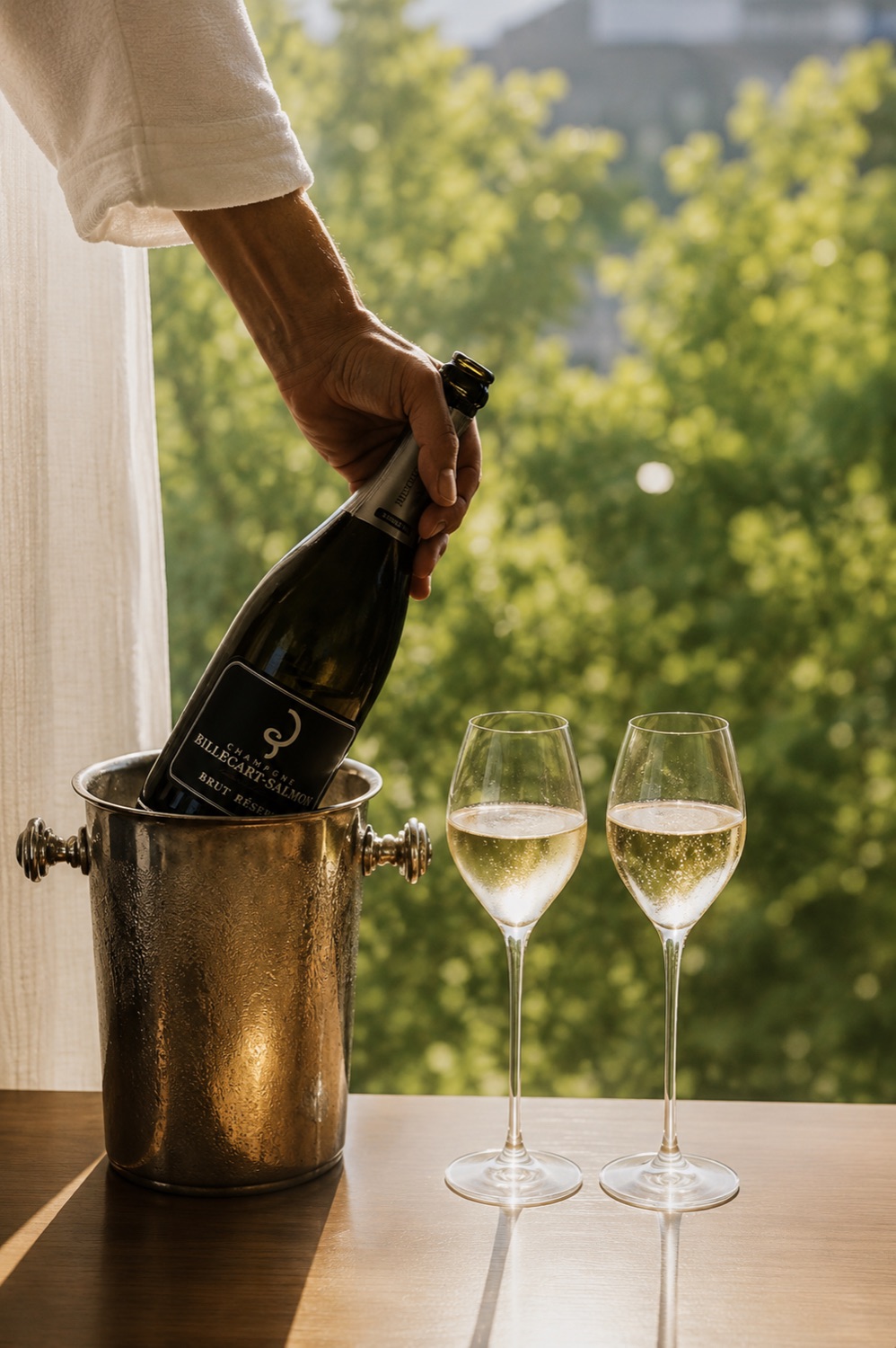 A hand lifting a bottle of Billecart-Salmon champagne from a silver ice bucket beside two filled flutes, sunlit greenery beyond the window.
