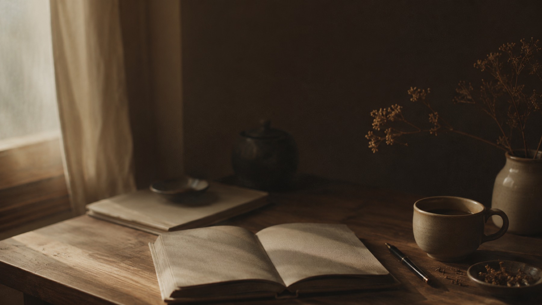 A wooden desk by a window with an open notebook, a cup of coffee and dried flowers in warm light.