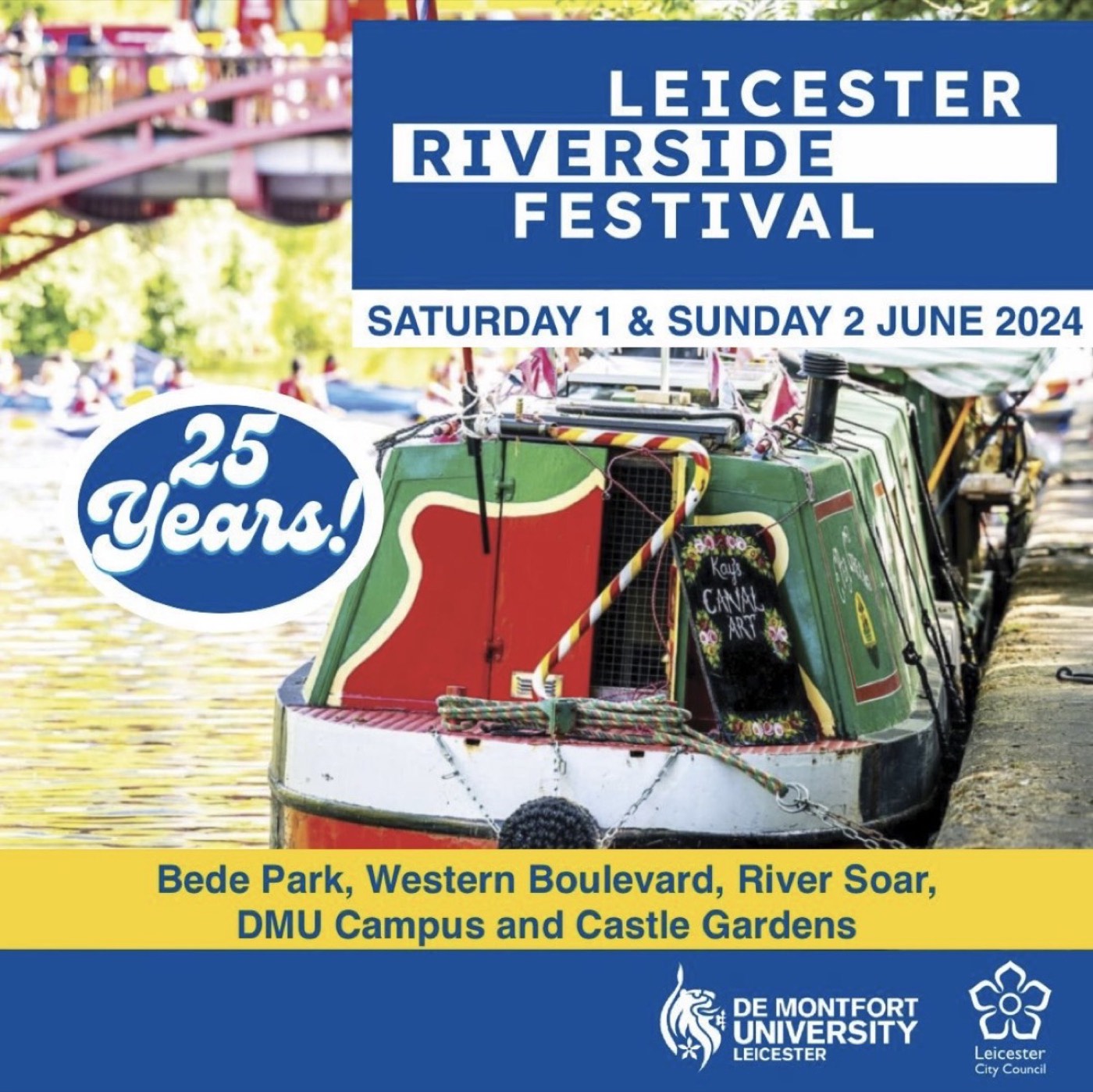 Leicester Riverside Festival poster — '25 Years!', Saturday 1 & Sunday 2 June 2024.